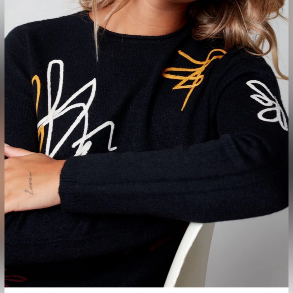 NWT. Charlie B Scribble Design Black Sweater with Colorful Abstract Design - Picture 3 of 12